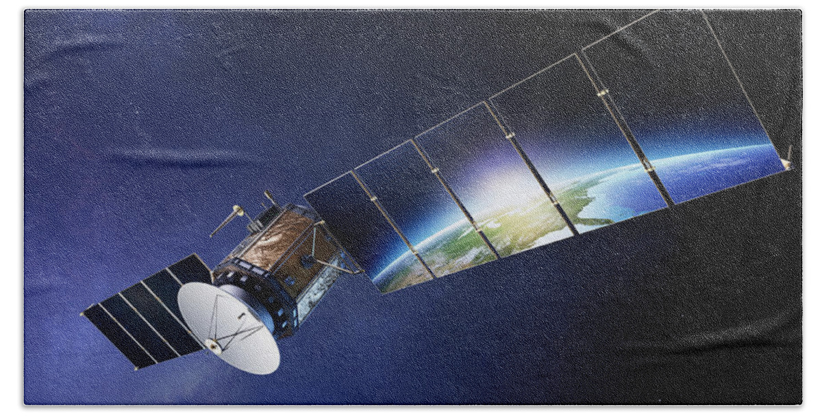 Satellite Beach Towel featuring the photograph Satellite communications with earth by Johan Swanepoel
