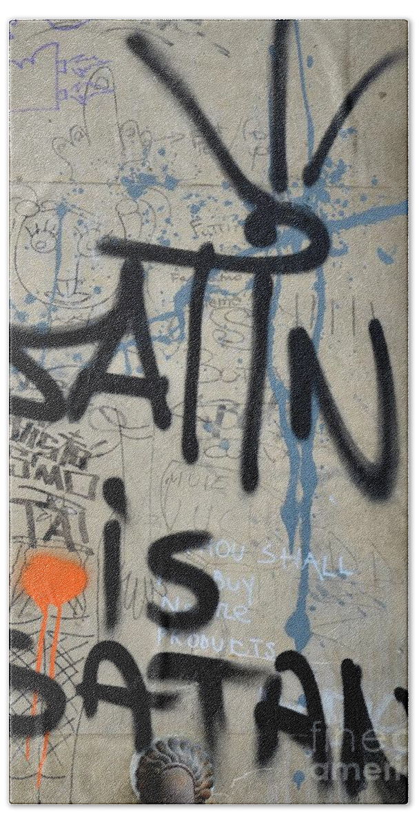 Satin Beach Towel featuring the photograph 'Satin is Satan' graffiti - Bucharest Romania by Imran Ahmed