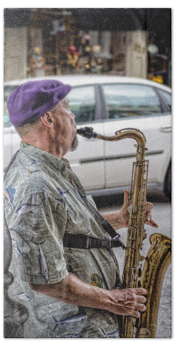 Hat Beach Towel featuring the photograph Sax In The Street by Jim Shackett