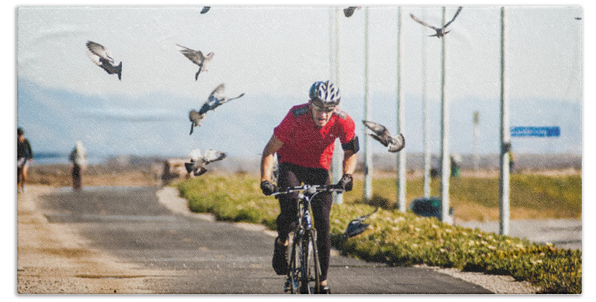 Bike Beach Towel featuring the photograph Scattering the Pigeons by Alex Lapidus