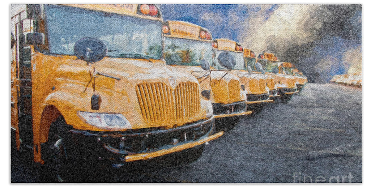 Andee Design School Buses Beach Towel featuring the photograph School Bus Lot Painterly by Andee Design