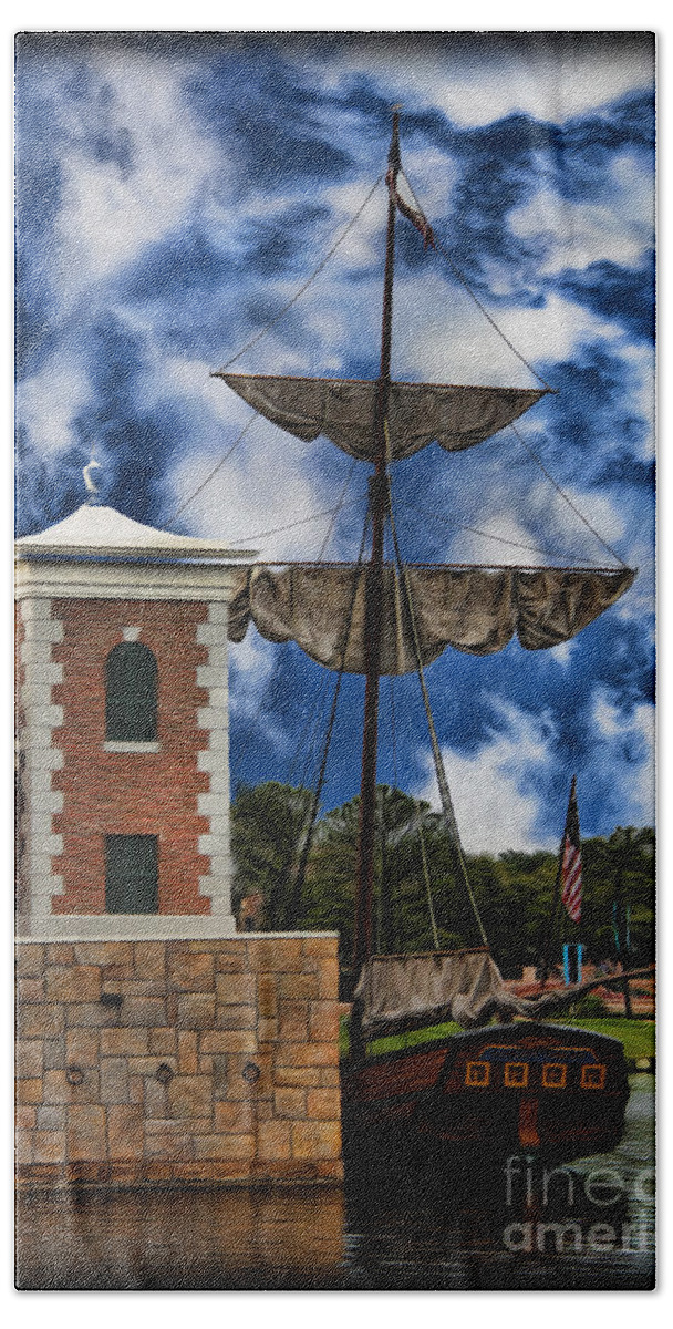 Warship Beach Towel featuring the photograph Schooner at Port II by Lee Dos Santos
