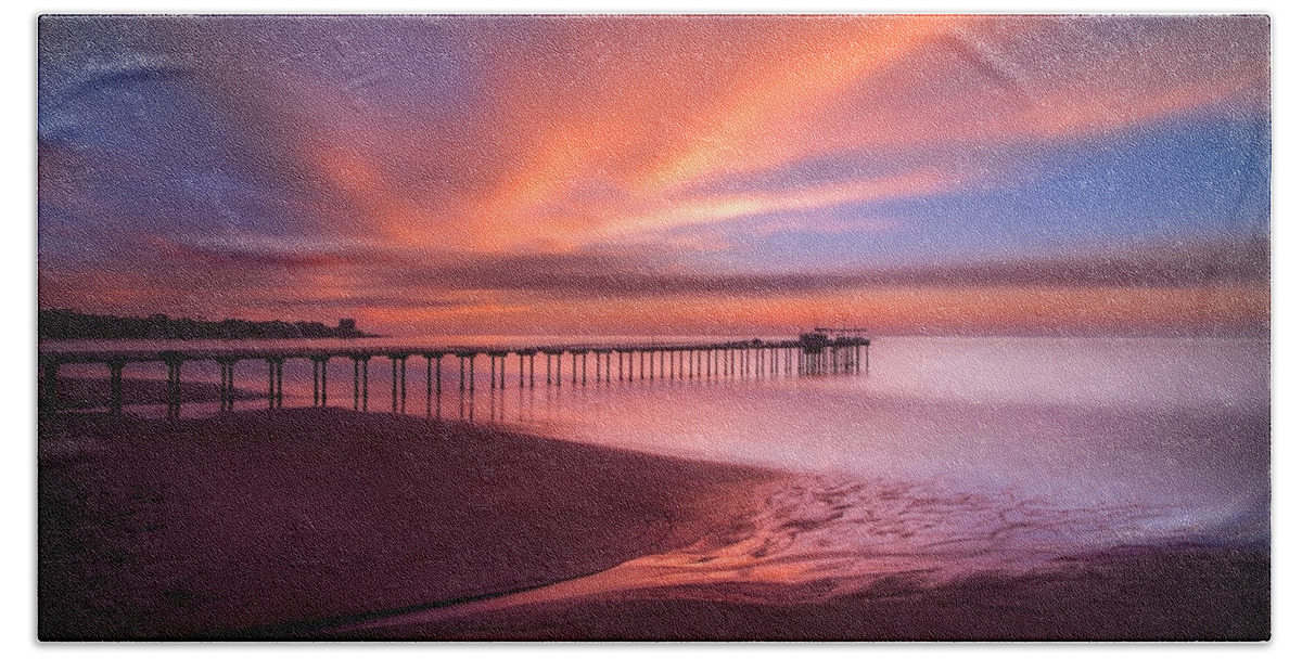 California; Long Exposure; Ocean; Reflection; San Diego; Seascape; Sky; Sunset; Surf; Clouds; Waves Beach Towel featuring the photograph Scripps Pier Sunset by Larry Marshall