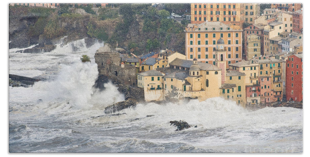 Agitated Beach Towel featuring the photograph Sea storm in Camogli - Italy by Antonio Scarpi