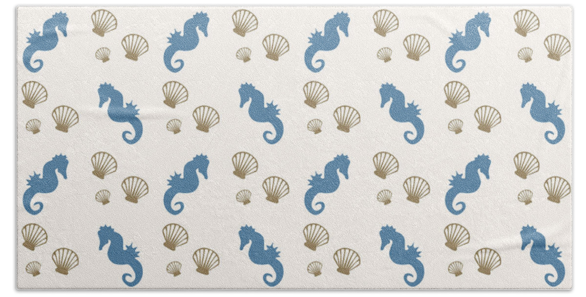 Seahorse Beach Towel featuring the mixed media Seahorse and Shells Pattern by Christina Rollo