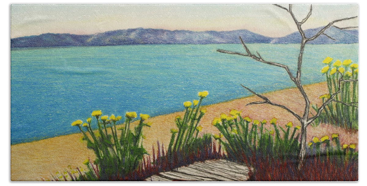 Vashon Island Beach Towel featuring the pastel Seaside Island Beach with Flowers by Michele Fritz