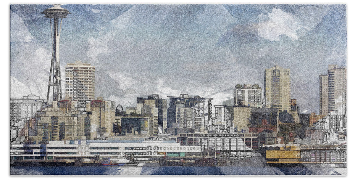 Seattle Skyline Beach Towel featuring the painting Seattle Skyline Freeform by David Wagner