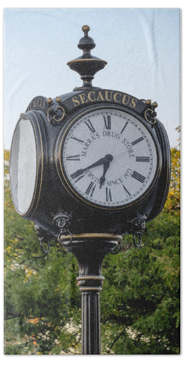 1923 Beach Towel featuring the photograph Secaucus Clock Marras Drugs by Susan Candelario