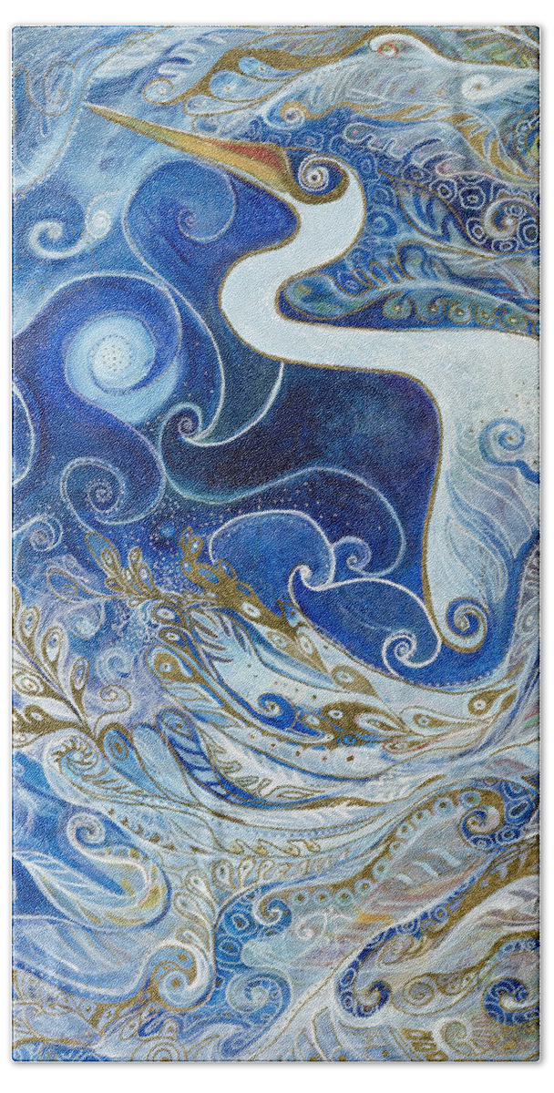 Blue Heron Beach Sheet featuring the painting Seeking Balance by Leela Payne