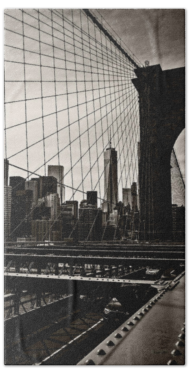 New World Trade Center Beach Towel featuring the photograph Scene Through the Brooklyn Bridge #1 by Madeline Ellis