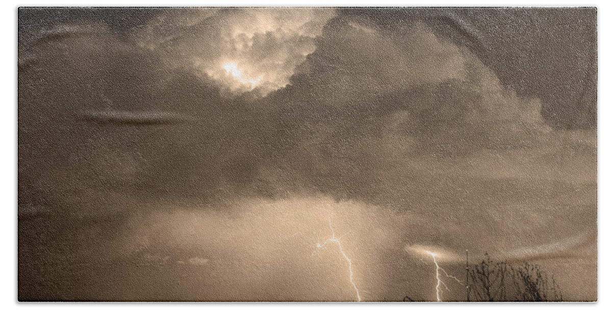 Lightning Beach Towel featuring the photograph SepiaThunderstorm Boulder County Colorado  by James BO Insogna