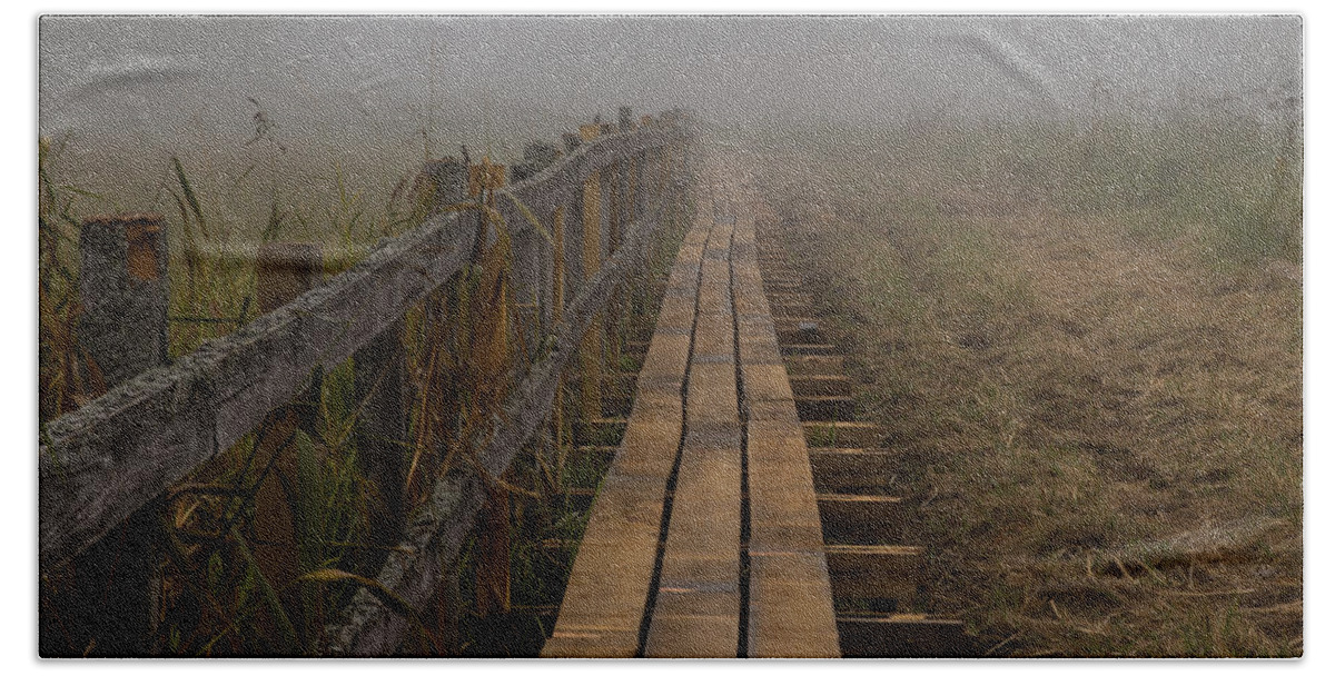 Mist Beach Towel featuring the photograph September mist HDR - foggy day over walk way by Leif Sohlman