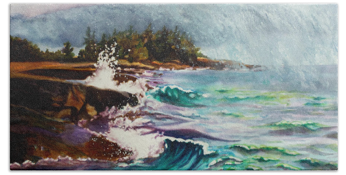 Paintings Beach Towel featuring the painting September Storm Lake Superior by Kathy Braud