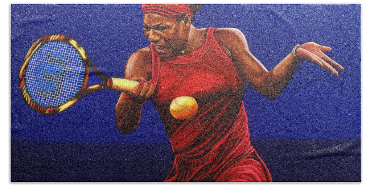 Serena Williams Beach Towel featuring the painting Serena Williams painting by Paul Meijering