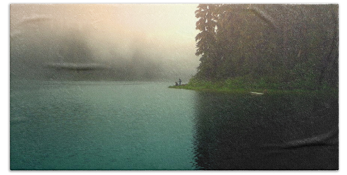 Lake Beach Towel featuring the photograph Serenity On Blue Lake Foggy Afternoon by Joyce Dickens