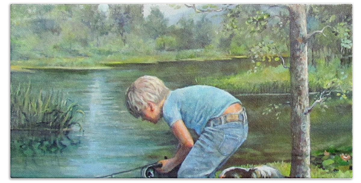 Nature Beach Towel featuring the painting Seth and Spiky Fishing by Donna Tucker