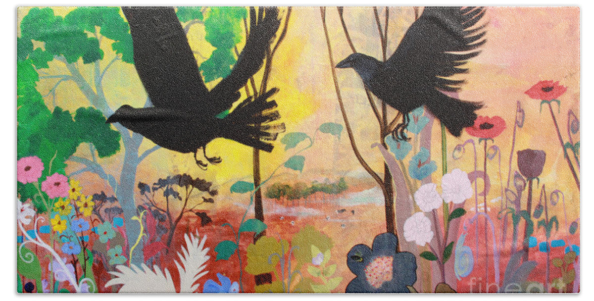 Crows Beach Sheet featuring the painting Seven Circling Crows by Robin Pedrero
