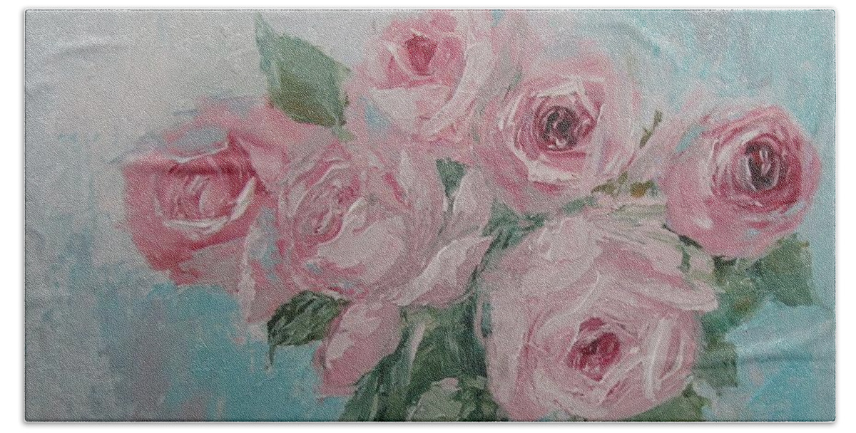 Pink Roses Beach Sheet featuring the painting Shabby Chic Pink Roses Oil Palette Knife Painting by Chris Hobel