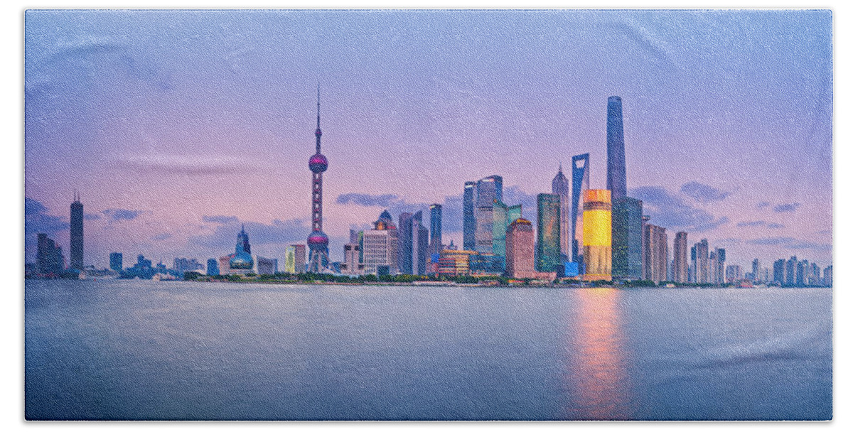 Architecture Beach Towel featuring the photograph Shanghai Pudong Skyline by U Schade