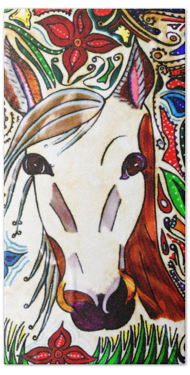 Horse Beach Sheet featuring the painting She Grazes Where Flowers Grow - Horse by Marie Jamieson
