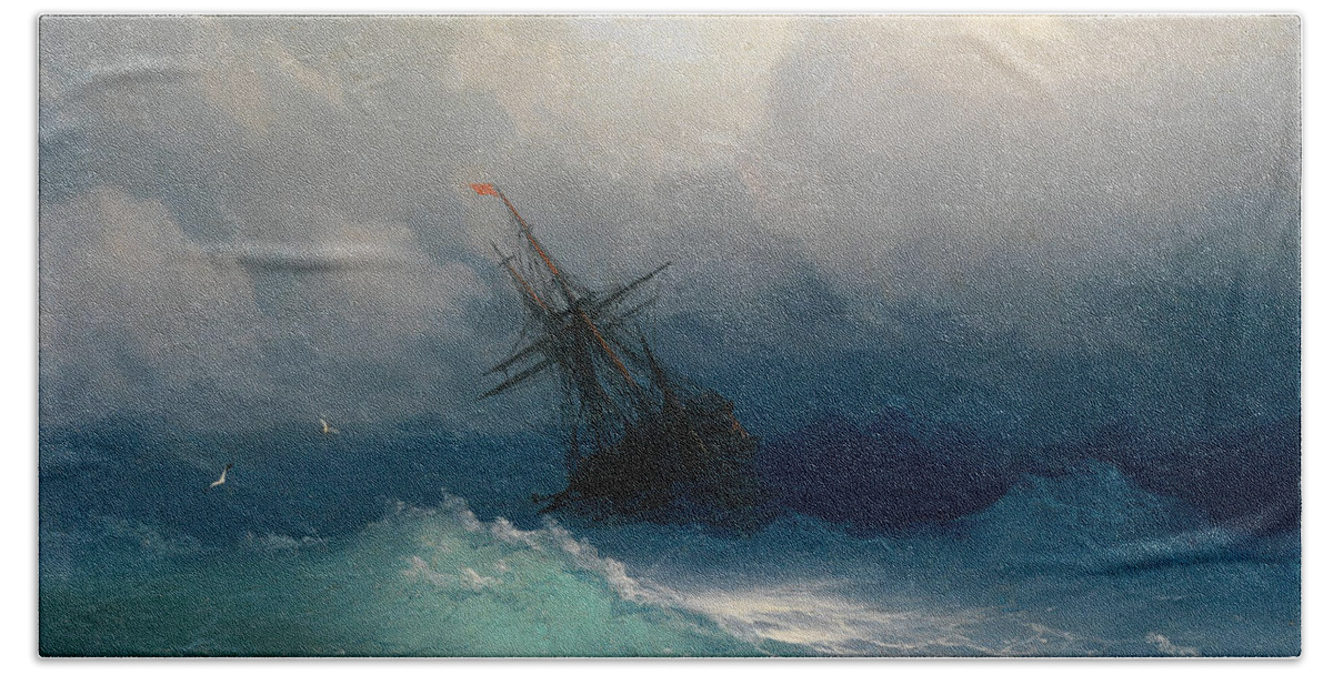 Ivan Konstantinovich Aivazovsky Beach Towel featuring the painting Ship on Stormy Seas by Ivan Konstantinovich Aivazovsky