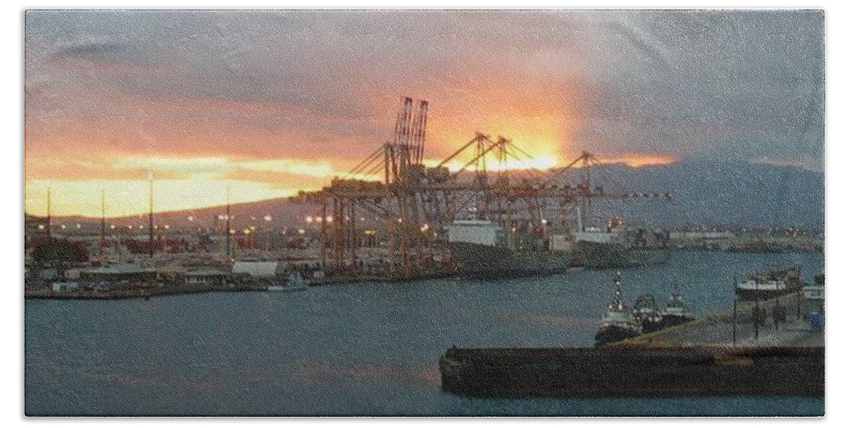 Shipyard Beach Towel featuring the photograph Shipyard Sunset - Honolulu by Photographic Arts And Design Studio