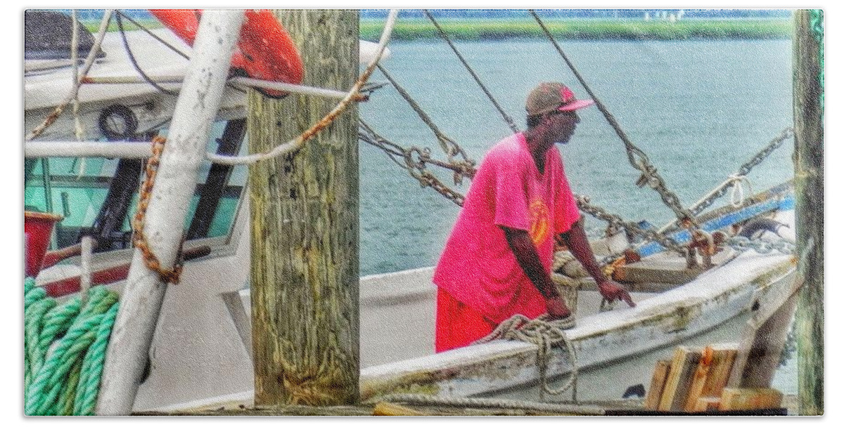 Shrimp Fishing Beach Sheet featuring the photograph Shrimper in the Pink Shirt by Patricia Greer