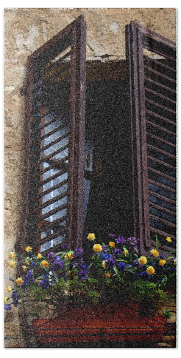 Italy Beach Towel featuring the photograph Shutters and Flowers by Caroline Stella