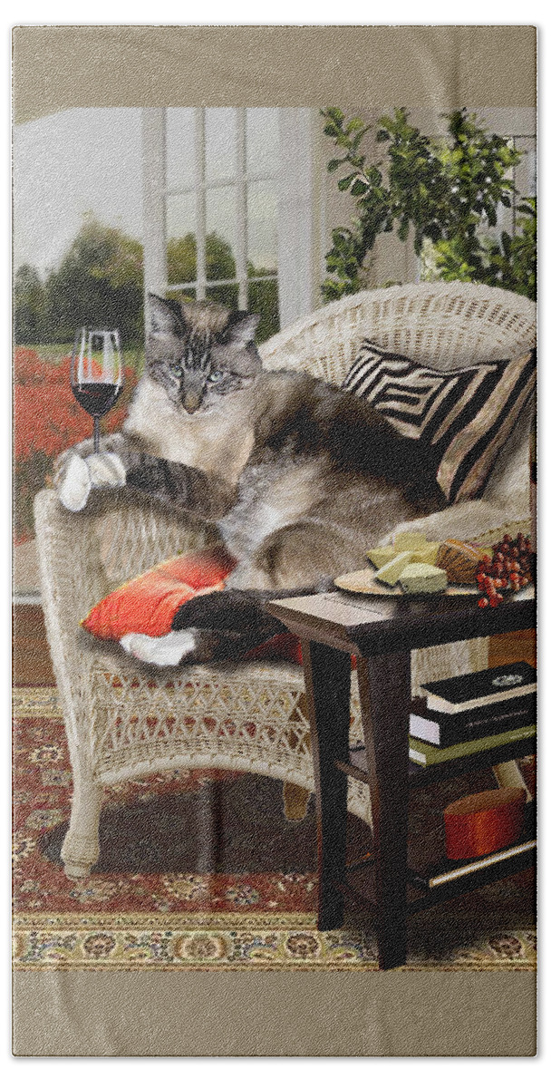 Photo Realism Beach Towel featuring the painting Funny wine bibbing cat by Regina Femrite