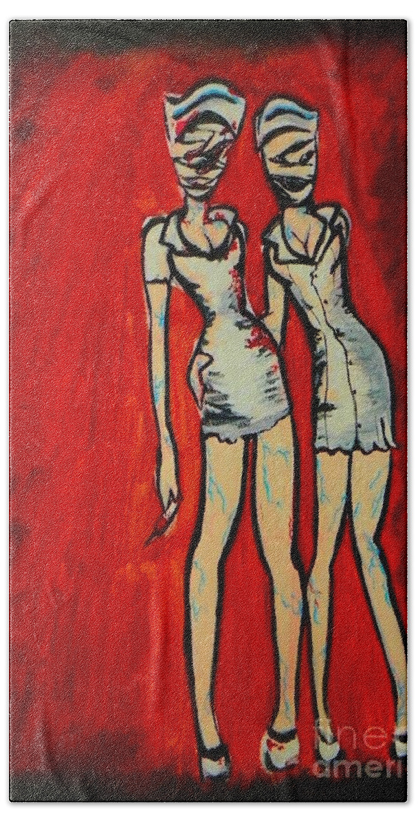 Art Beach Sheet featuring the painting Silent Hill Nurses by Marisela Mungia