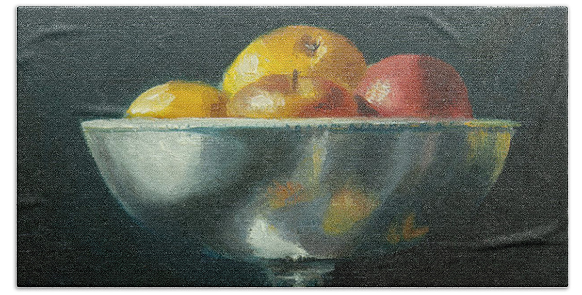 Painting Beach Towel featuring the painting Silver Bowl with Apples by Sarah Parks