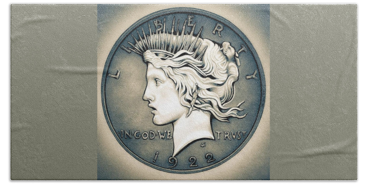 Coin Beach Towel featuring the drawing 1922 Silver Proof Peace Dollar by Fred Larucci