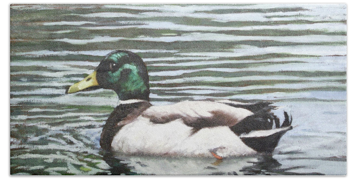 Mallard Beach Sheet featuring the painting Single mallard duck in water by Martin Davey