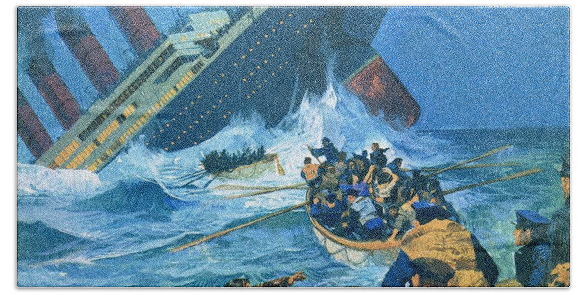 The Titanic Beach Towel featuring the painting Sinking Of The Titanic by English School