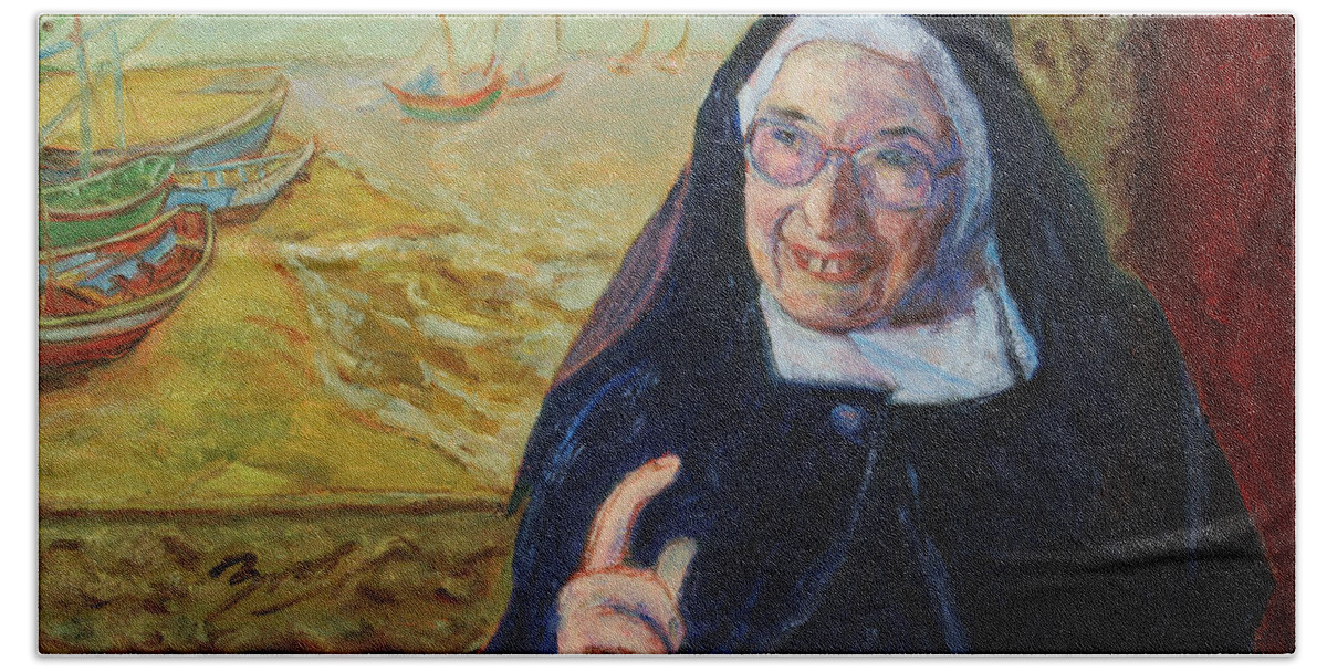 Sister Wendy Beach Towel featuring the painting Sister Wendy by Xueling Zou