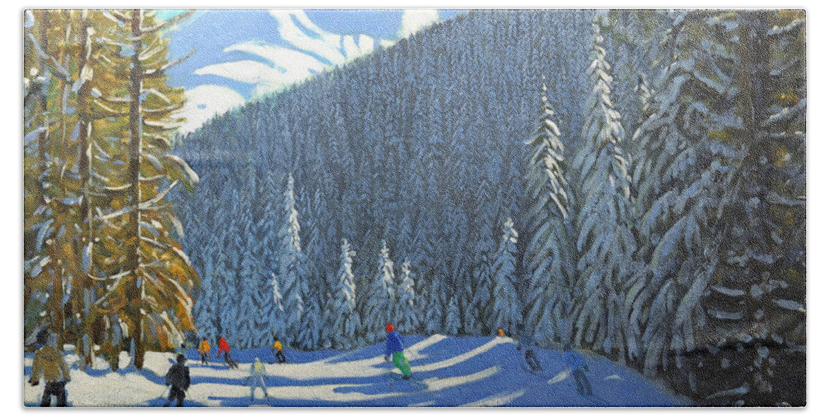 Winter Beach Towel featuring the painting Skiing Beauregard La Clusaz by Andrew Macara
