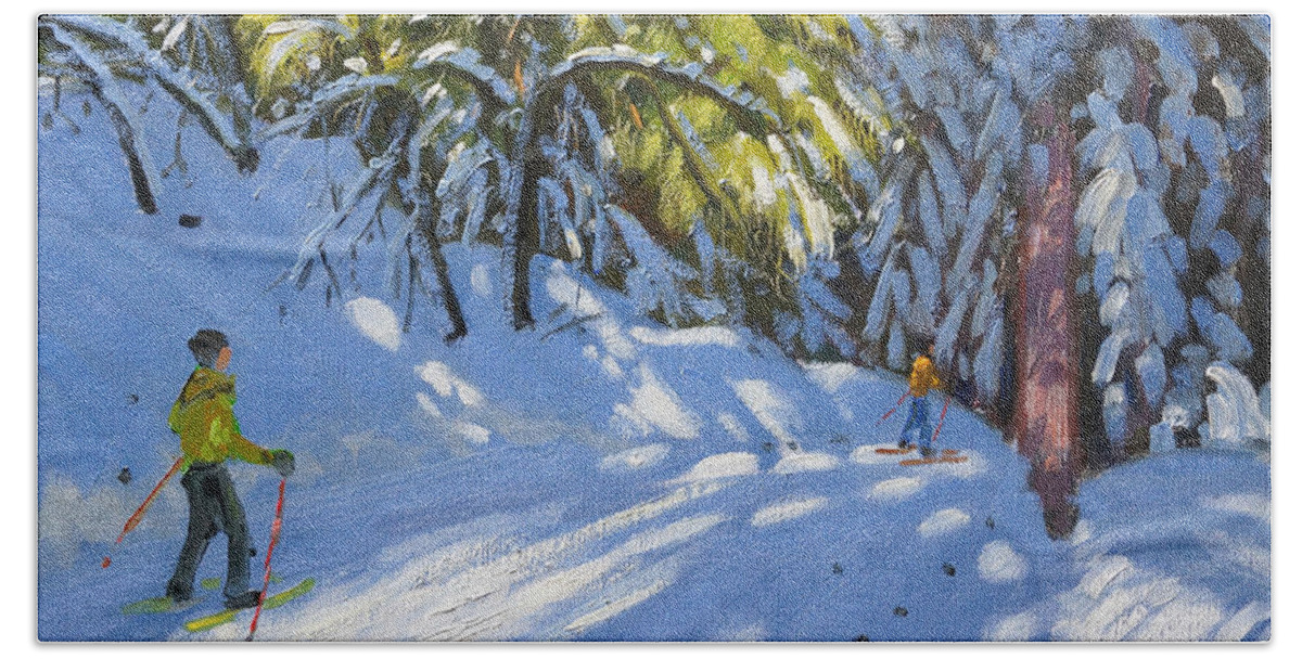 Winter Beach Towel featuring the painting Skiing through the Woods La Clusaz by Andrew Macara