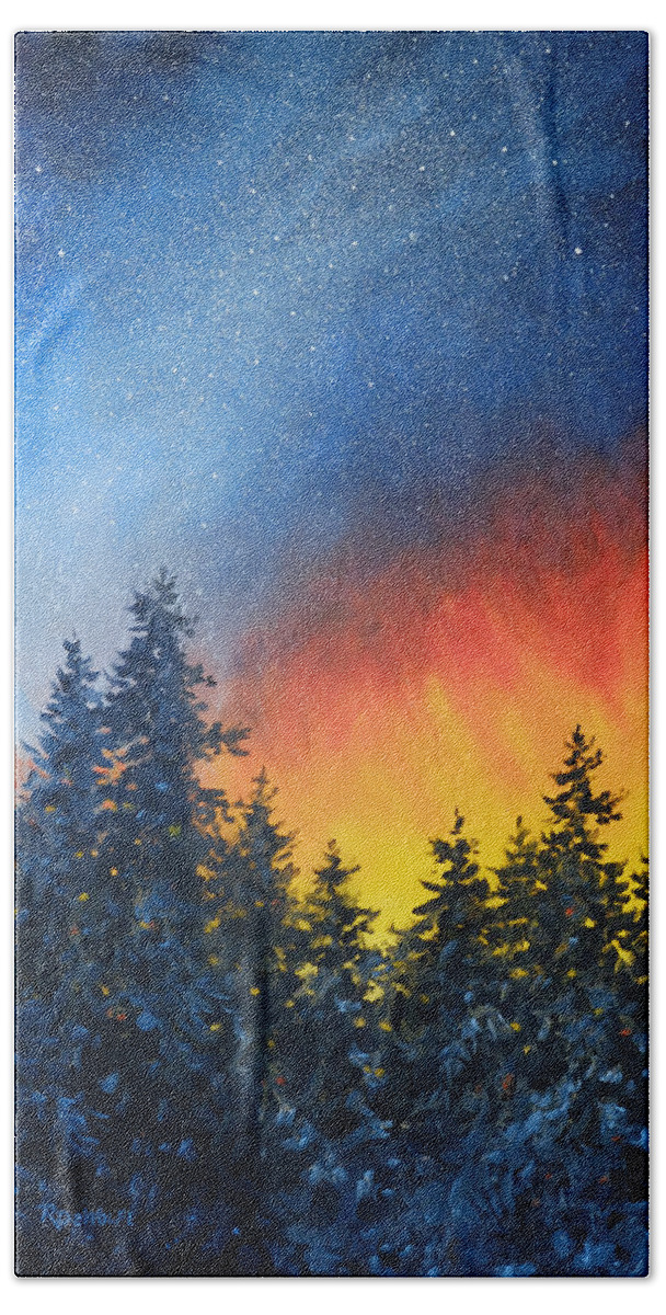 Night Beach Towel featuring the painting Sky Fire by Richard De Wolfe