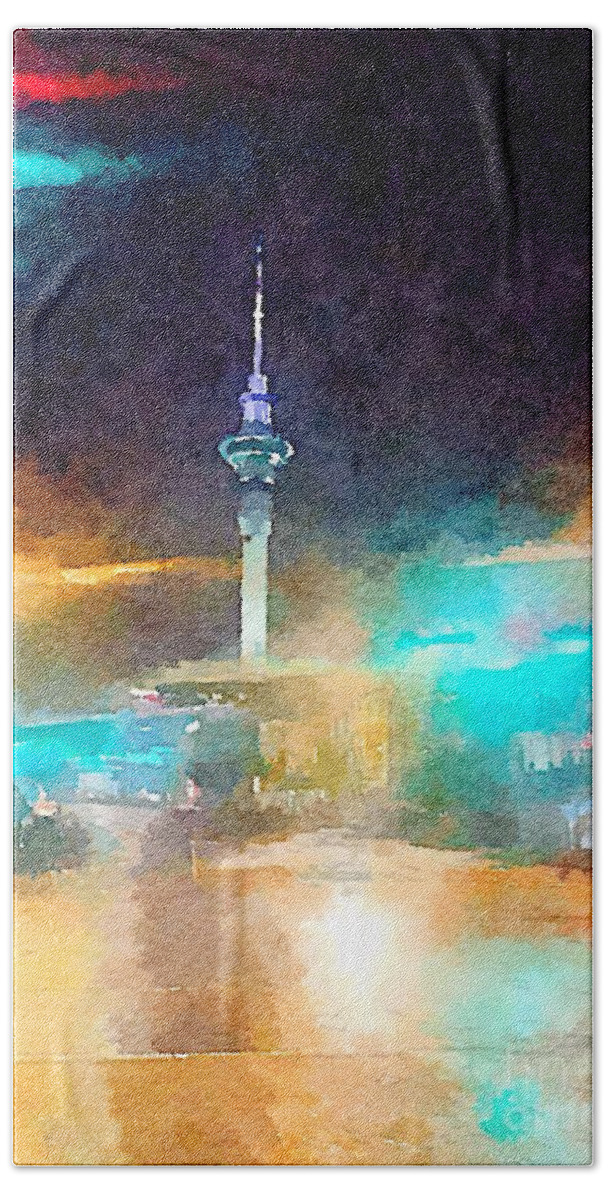 Sky Tower Beach Towel featuring the painting Sky Tower by night by HELGE Art Gallery
