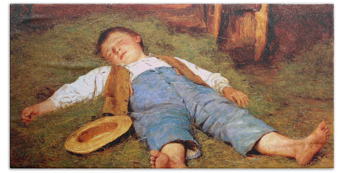 Albert Anker Beach Towel featuring the painting Sleeping boy in the hay by Albert Anker