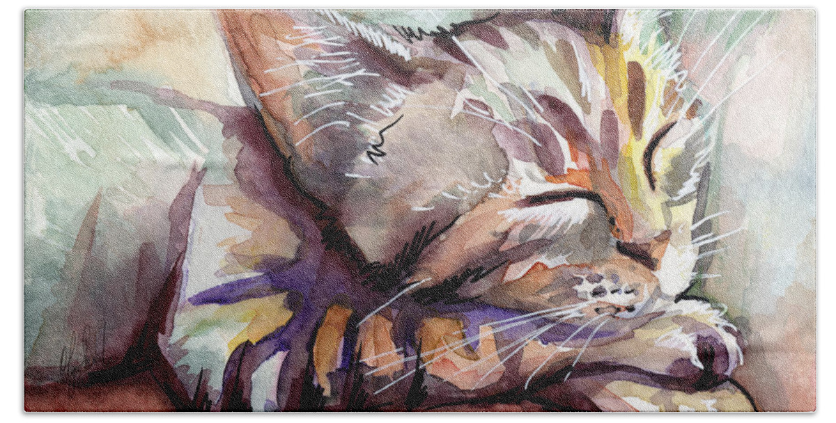 Sleeping Cat Beach Towel featuring the painting Sleeping Kitten by Olga Shvartsur