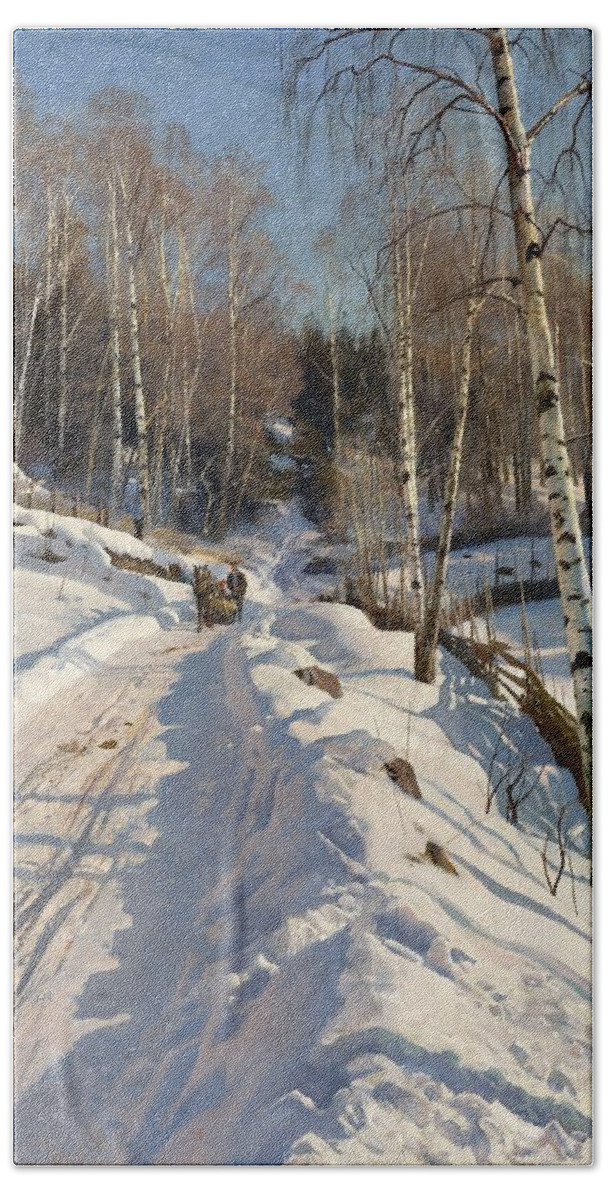 Peder Mork Monsted Beach Towel featuring the painting Sleigh ride on a sunny winter day by Peder Mork Monsted