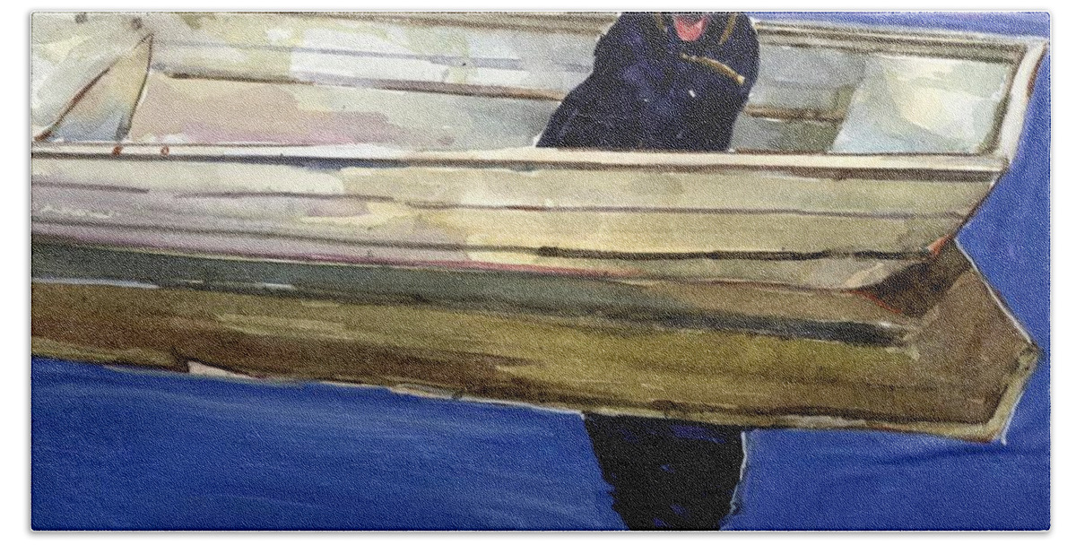 Black Lab Beach Sheet featuring the painting Slow Boat by Molly Poole