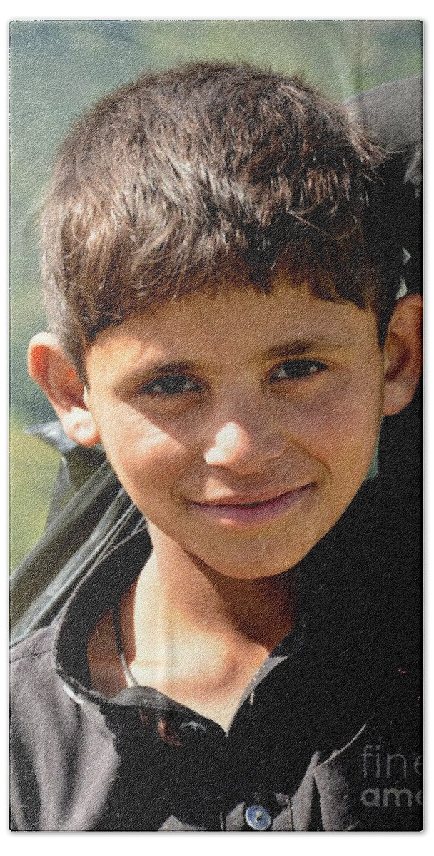 Boy Beach Towel featuring the photograph Smiling boy in the Swat Valley - Pakistan by Imran Ahmed