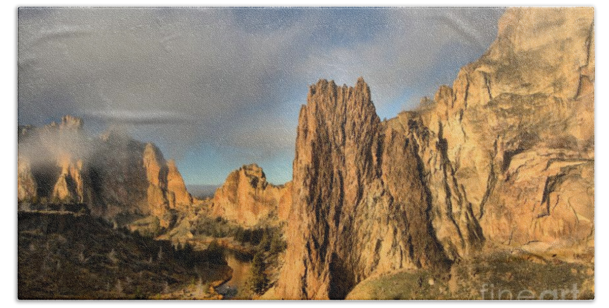 Smith Rock Beach Towel featuring the photograph Smith Rock Foggy Morning by Adam Jewell