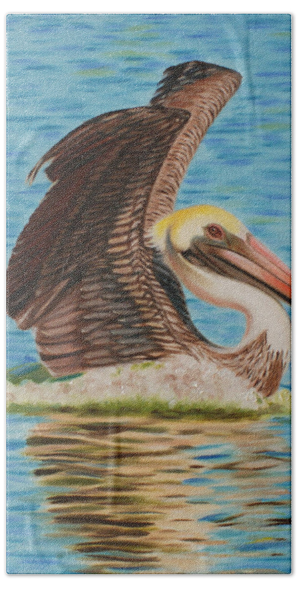 Pelican Beach Towel featuring the painting Smooth Landing by Jill Ciccone Pike