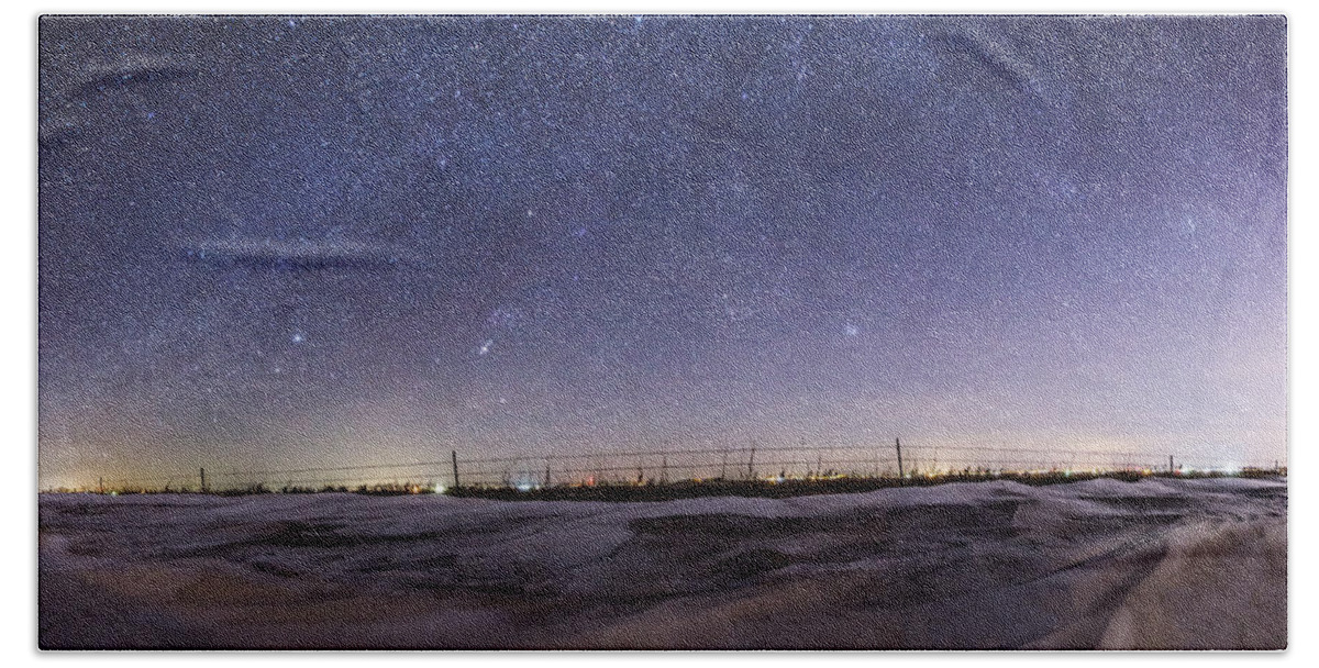 Milky Way Beach Towel featuring the photograph Snow and Stars by Aaron J Groen
