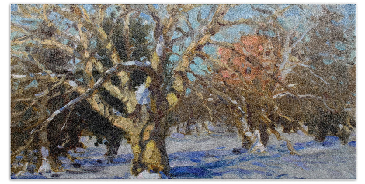 Snow Beach Towel featuring the painting Snow in Goat Island Park by Ylli Haruni