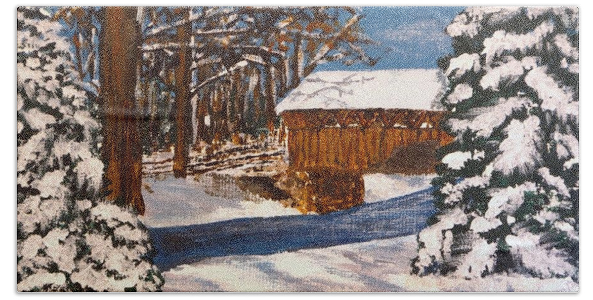Winter Scene Beach Sheet featuring the painting Snowbridge by Cynthia Morgan