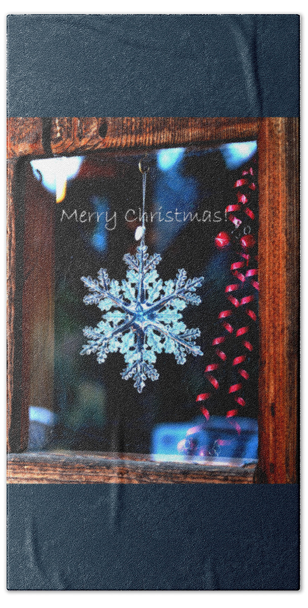 Christmas Beach Towel featuring the pyrography Snowflake In Window Text 20507 by Jerry Sodorff